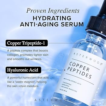 Asterwood Copper Peptides Serum for Face - Tightening, Repairing, Collagen Boosting - with GHK-Cu and Hyaluronic Acid - Fragrance-Free - 1 fl oz